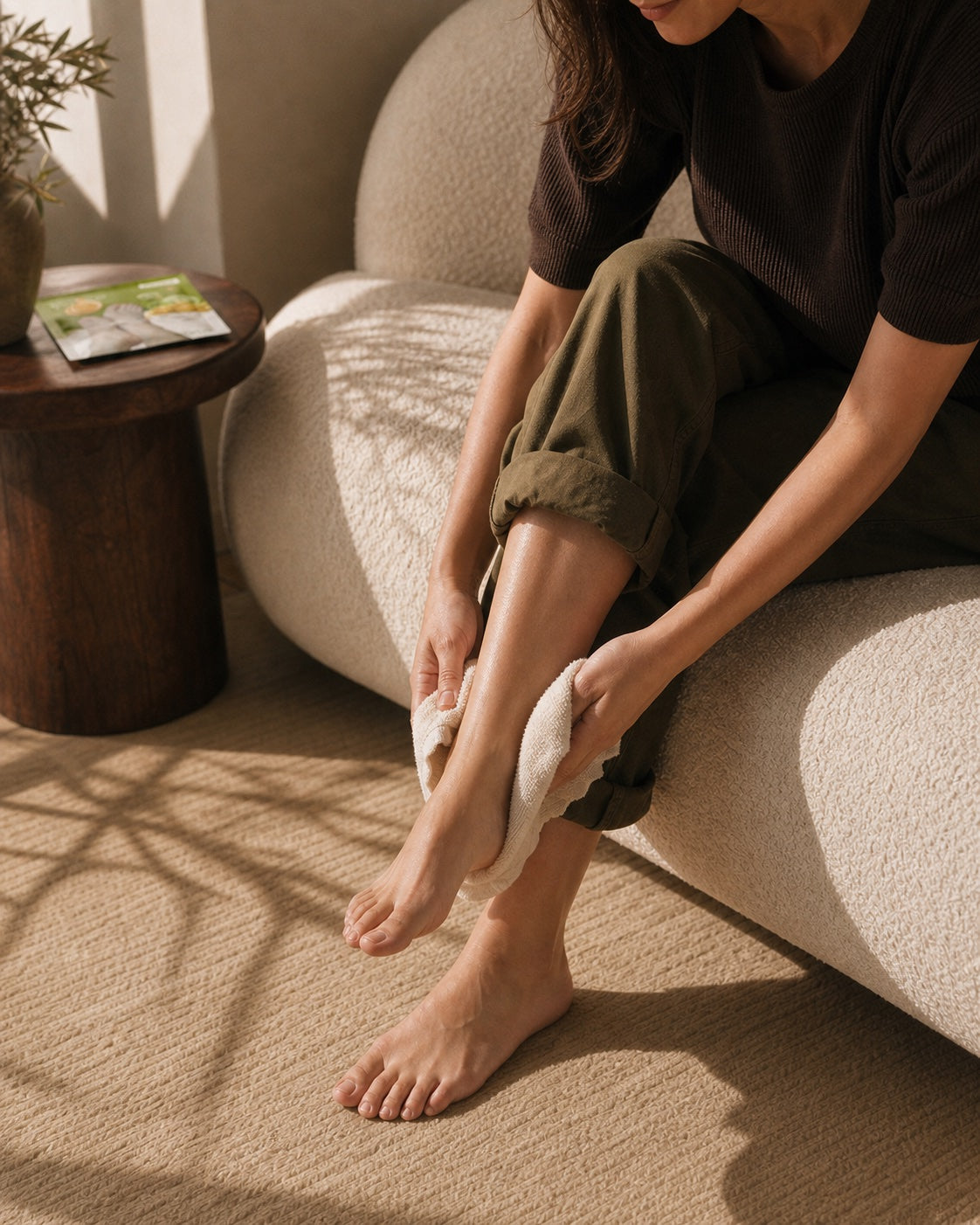 Drying clean feet before using the foot mask