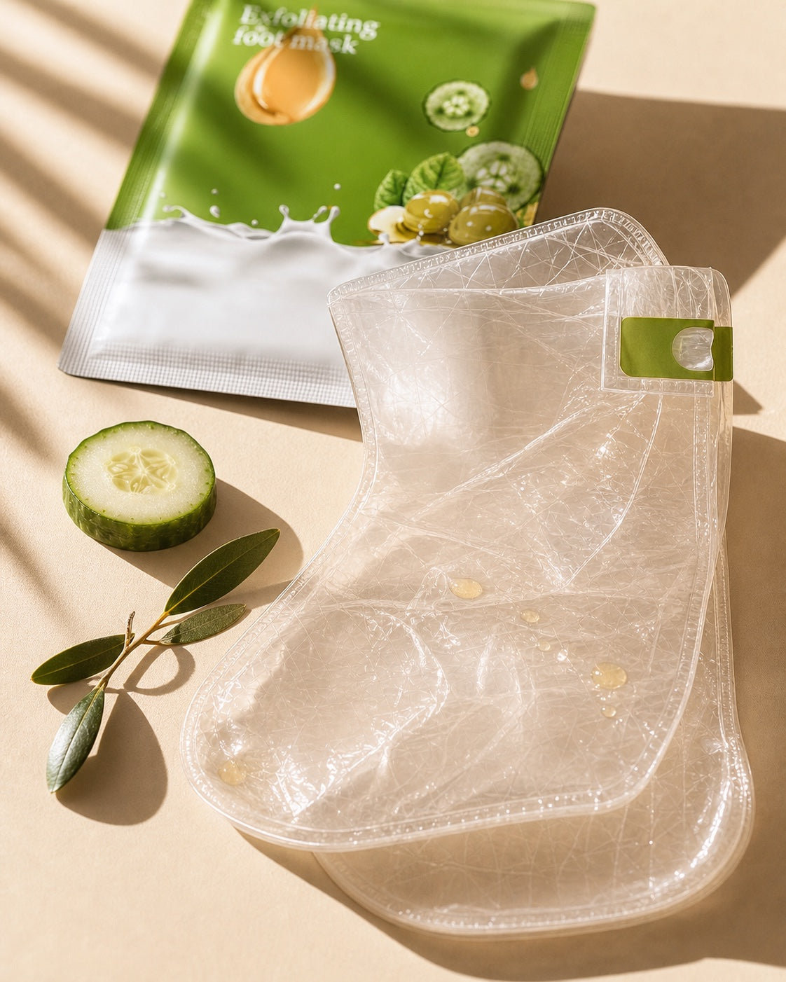 Close view of the translucent serum-lined foot masks